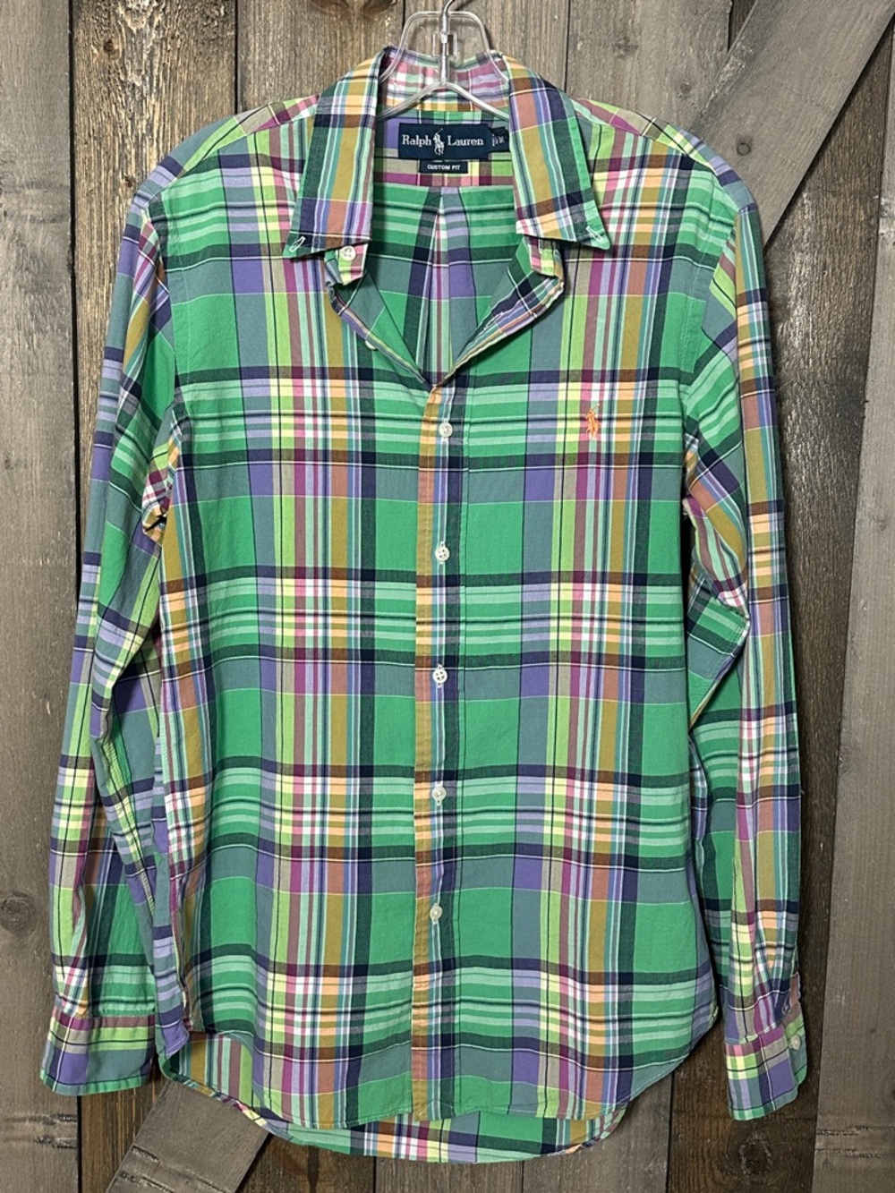 Ralph Lauren Plaid Preppy Green Multicolor Button Up Custom Fit Cotton Medium